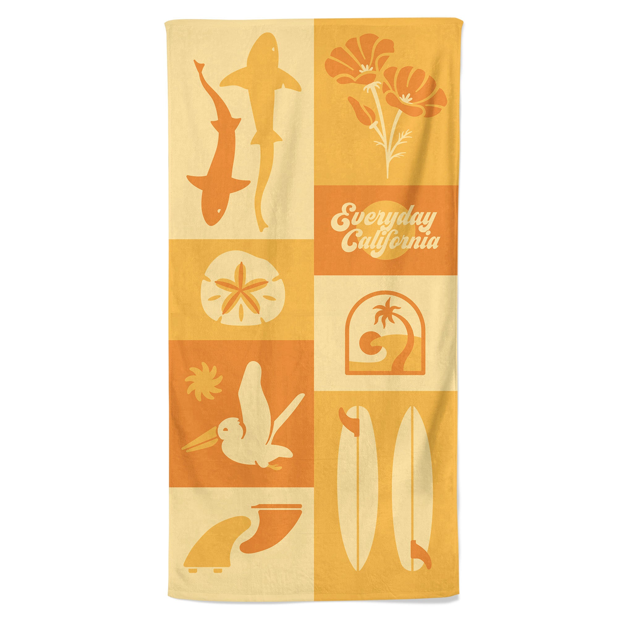 Photo of a beach towel featuring leopard sharks, surfboards, palm trees, california poppies, surf fins, and a cormorant bird design on it.