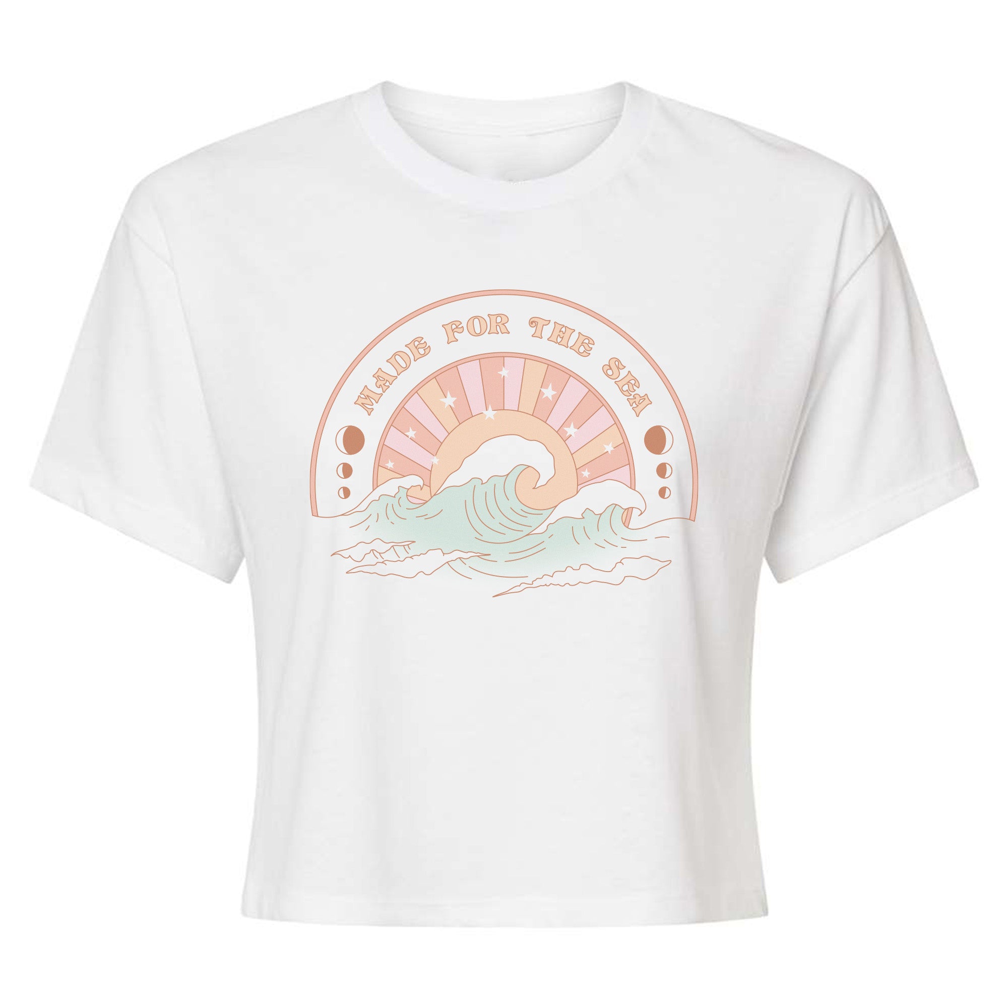 Photo of white Tourmaline cropped women's t-shirt, featuring a graphic of a wave with a sunset behind it. 