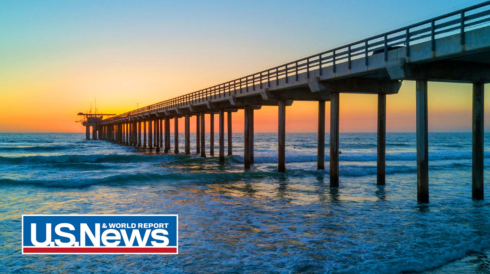 Image of a sunset behind a pier in La Jolla, California near the famous surf shop Everyday California.