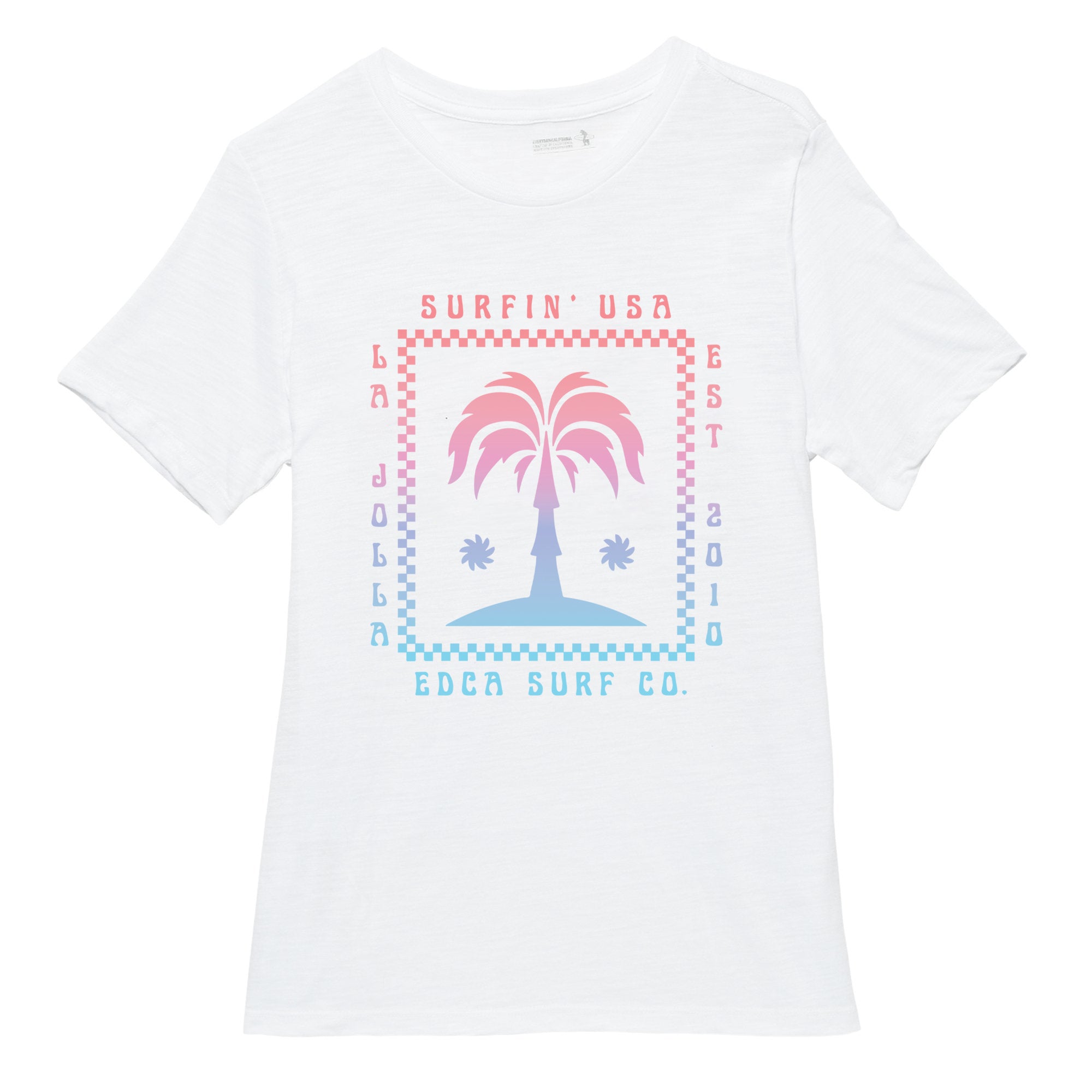White T-shirt containing the words "Surfin' USA" "La Jolla" and "EDCA Surf Co." around a pastel colored palm tree